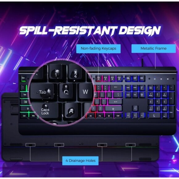 Gaming Keyboard, 104 Keys All-Metal Panel, Light Up Wired Keyboard for PC Mac Ga - Picture 3 of 10